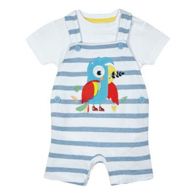 bluezoo Baby boys' blue striped print parrot applique dungaree and white bodysuit set